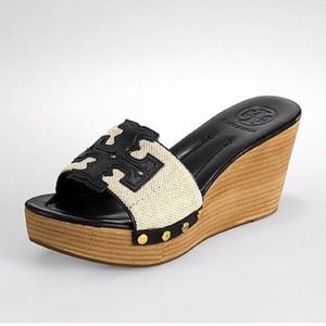 Tory Burch Terri Wedge Slide Sandals Heels open toe shoe big logo canvas sz 8.5